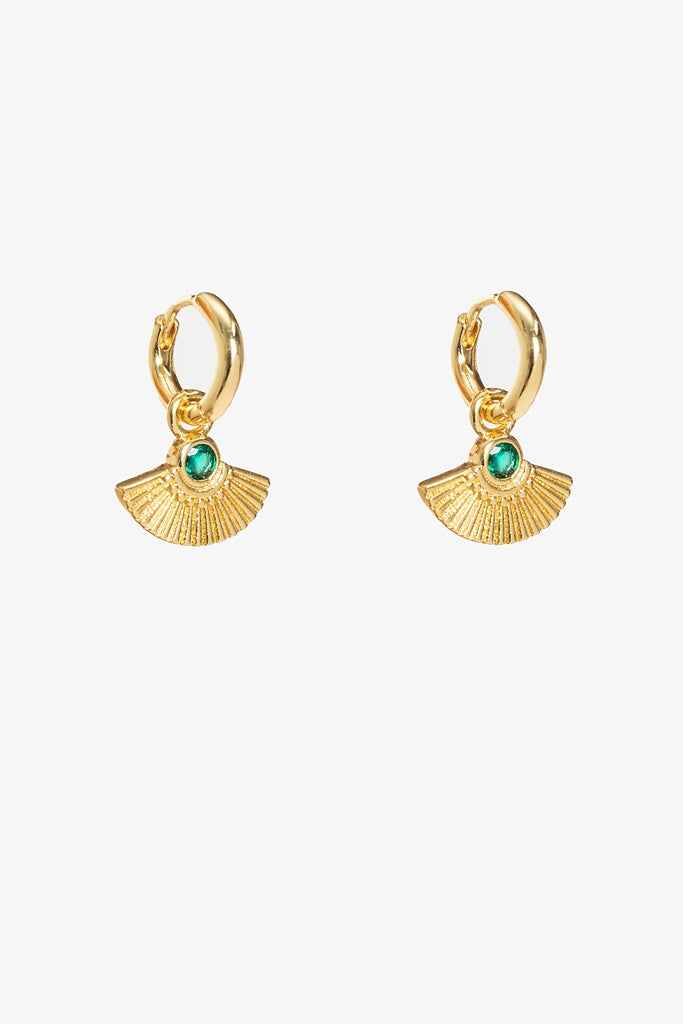 Antler Gold Fan Huggie Earring - Emerald