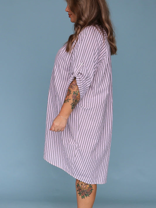Corfu Shirt Dress - White & Charcoal Stripe