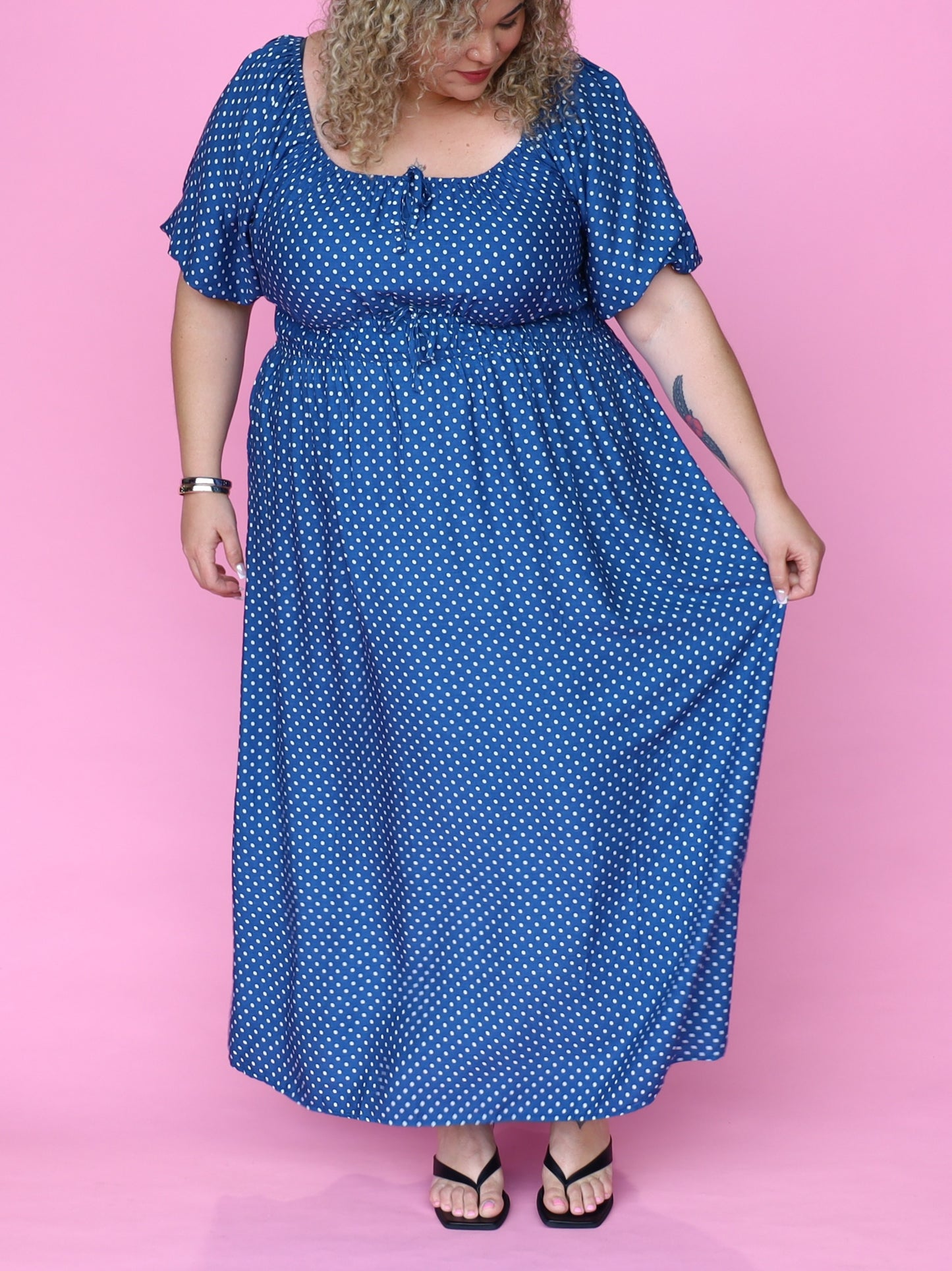 Tabitha Dress - Denim Polka Dot