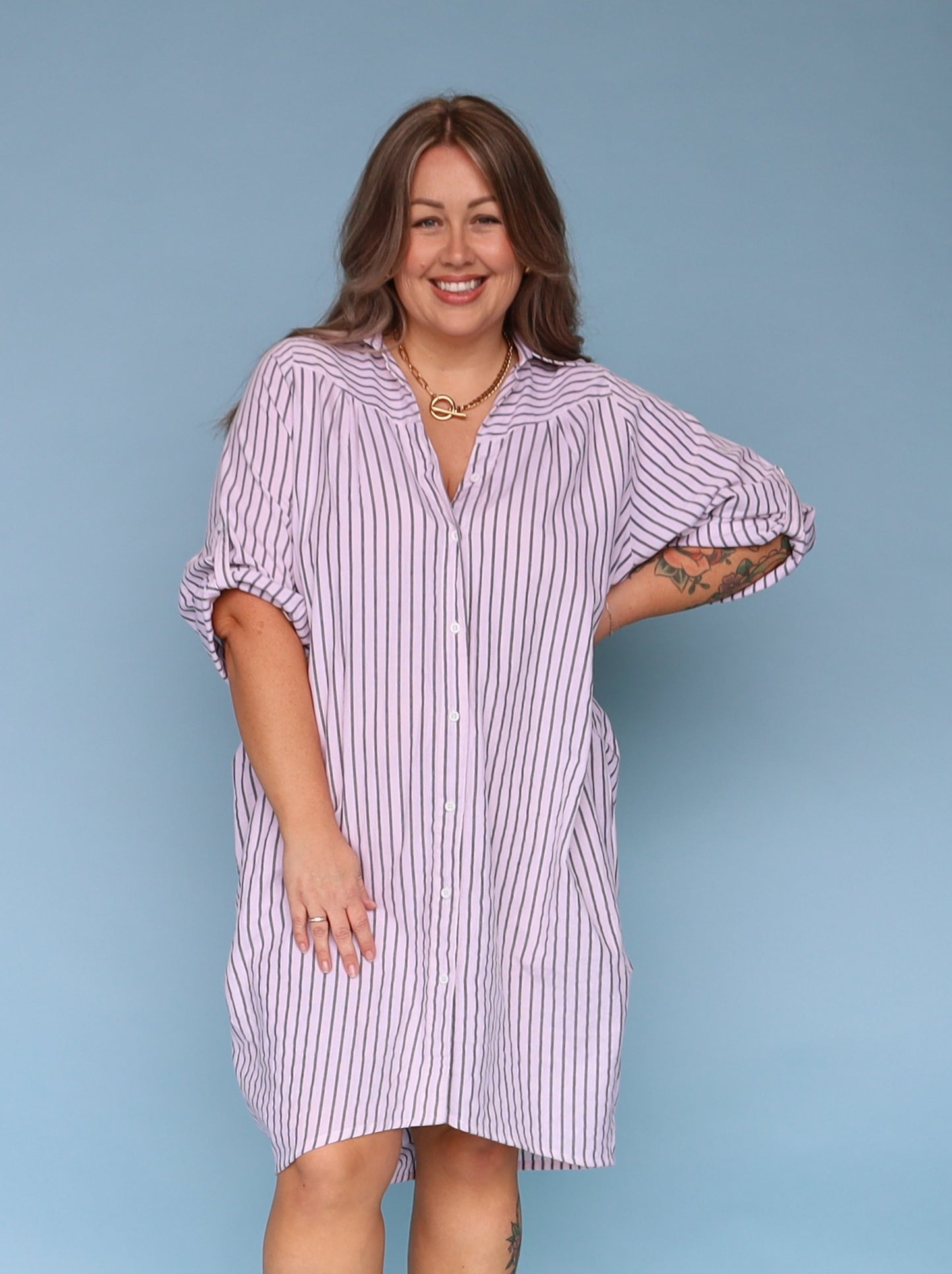 Corfu Shirt Dress - White & Charcoal Stripe