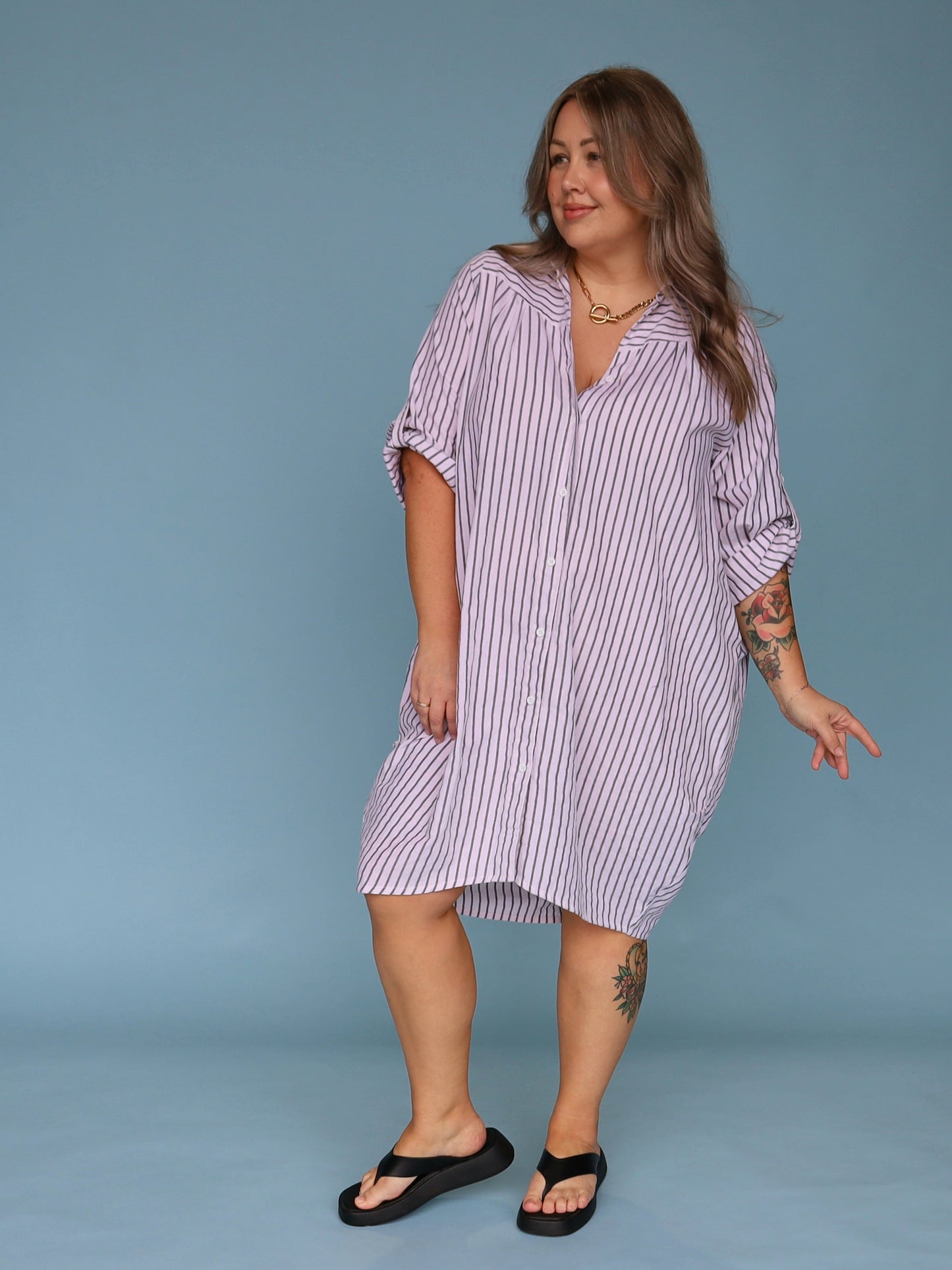 Corfu Shirt Dress - White & Charcoal Stripe