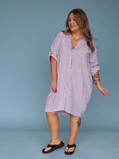 Corfu Shirt Dress - White & Charcoal Stripe
