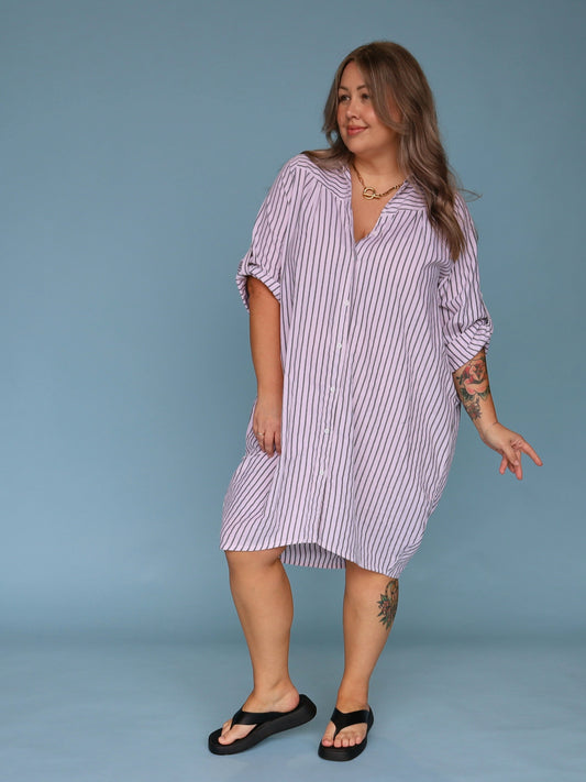 Corfu Shirt Dress - White & Charcoal Stripe