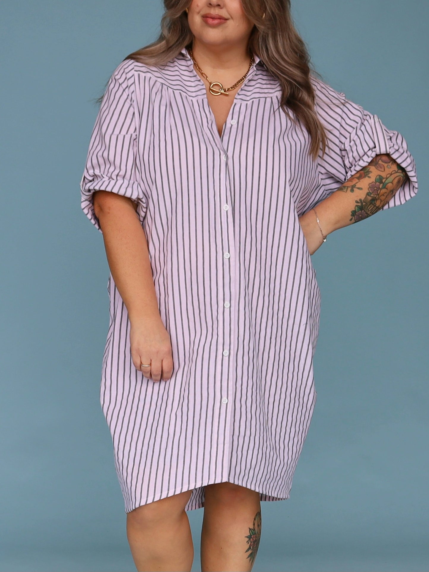 Corfu Shirt Dress - White & Charcoal Stripe
