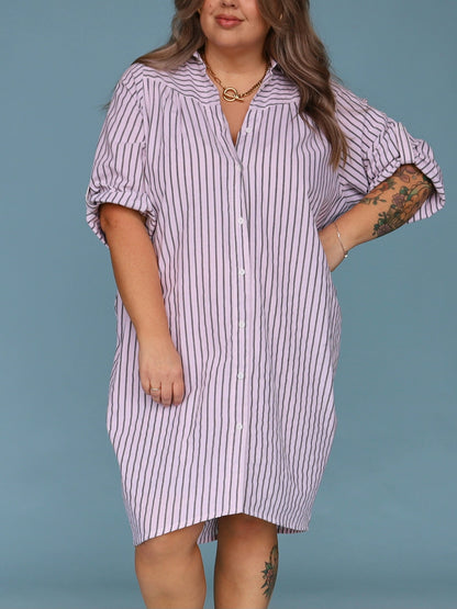 Corfu Shirt Dress - White & Charcoal Stripe