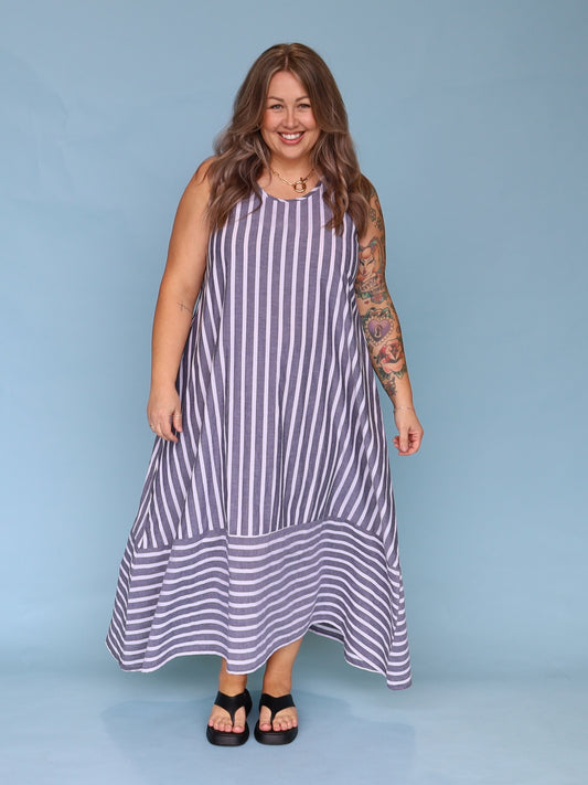 Calista Dress -Charcoal & White Stripe