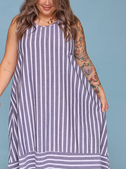 Calista Dress -Charcoal & White Stripe