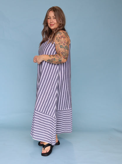 Calista Dress -Charcoal & White Stripe