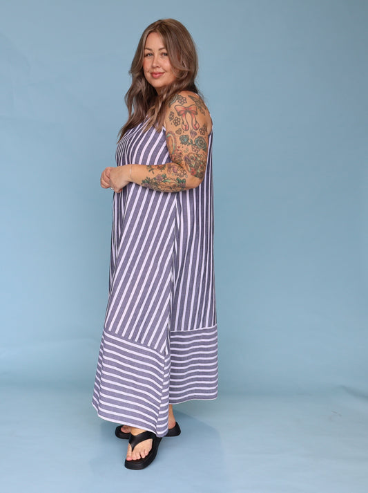 Calista Dress -Charcoal & White Stripe