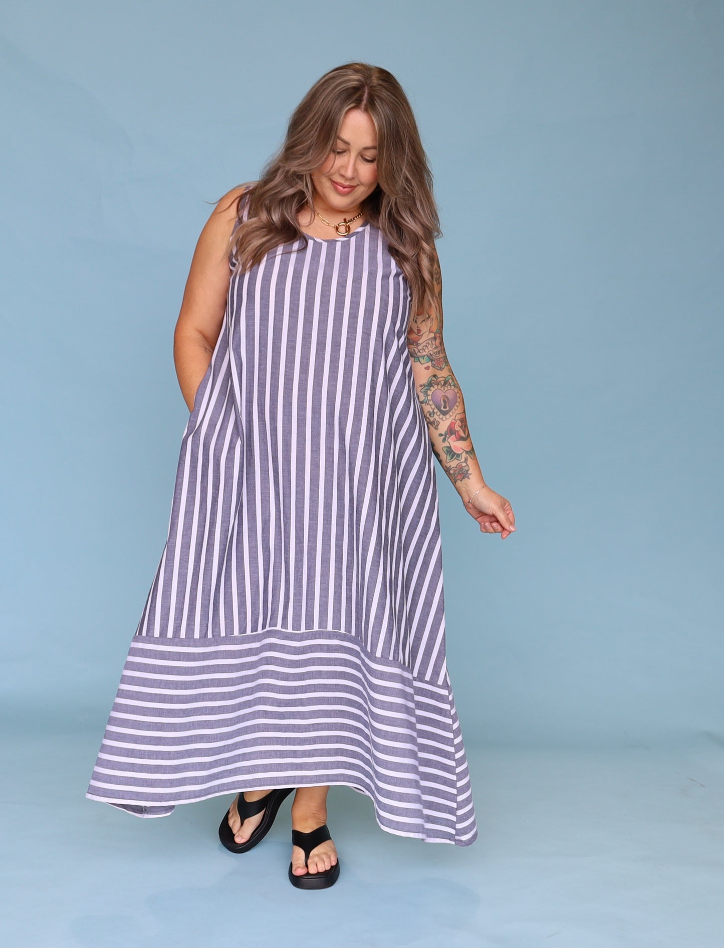 Calista Dress -Charcoal & White Stripe