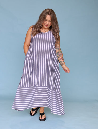 Calista Dress -Charcoal & White Stripe