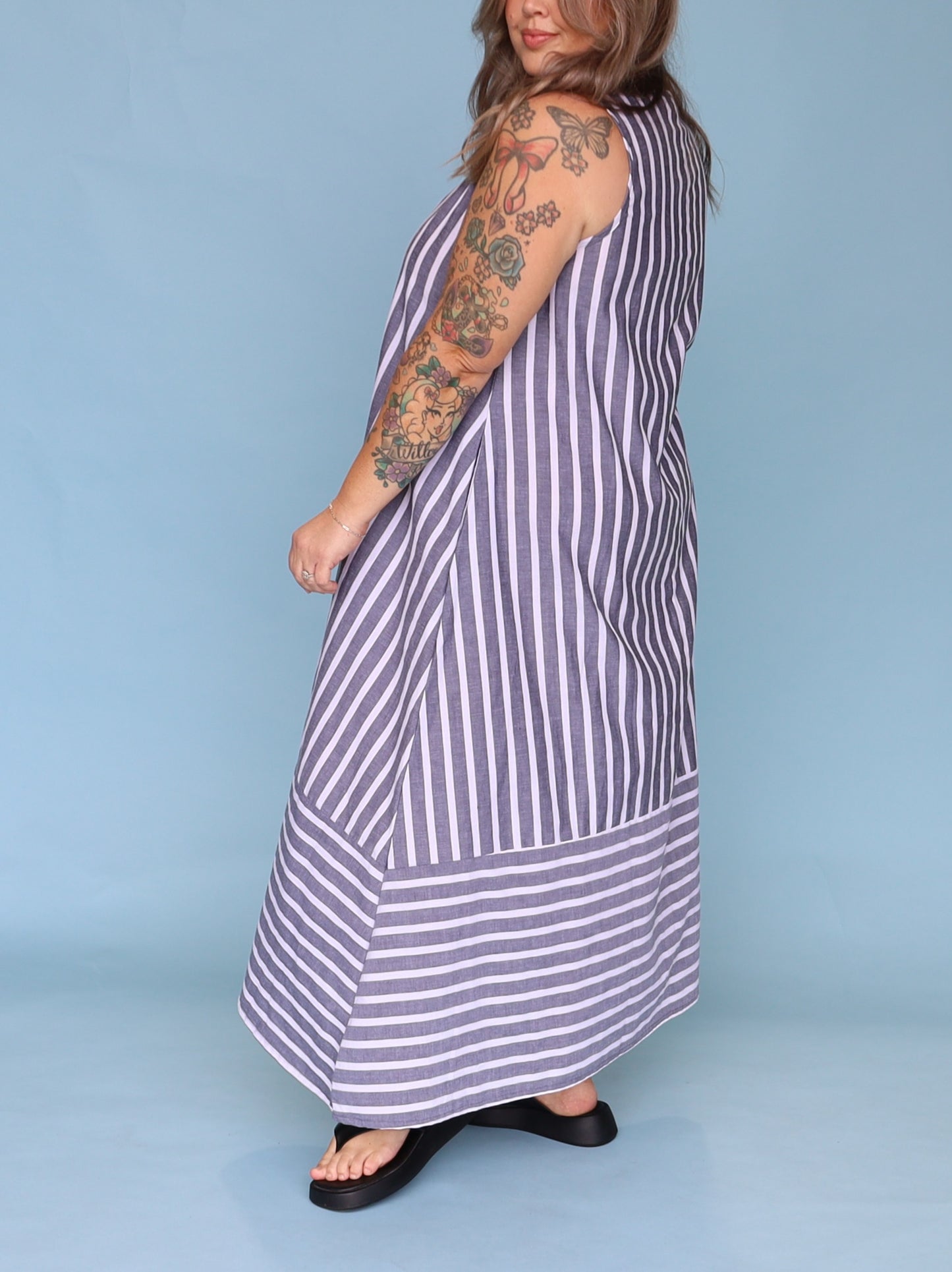 Calista Dress -Charcoal & White Stripe