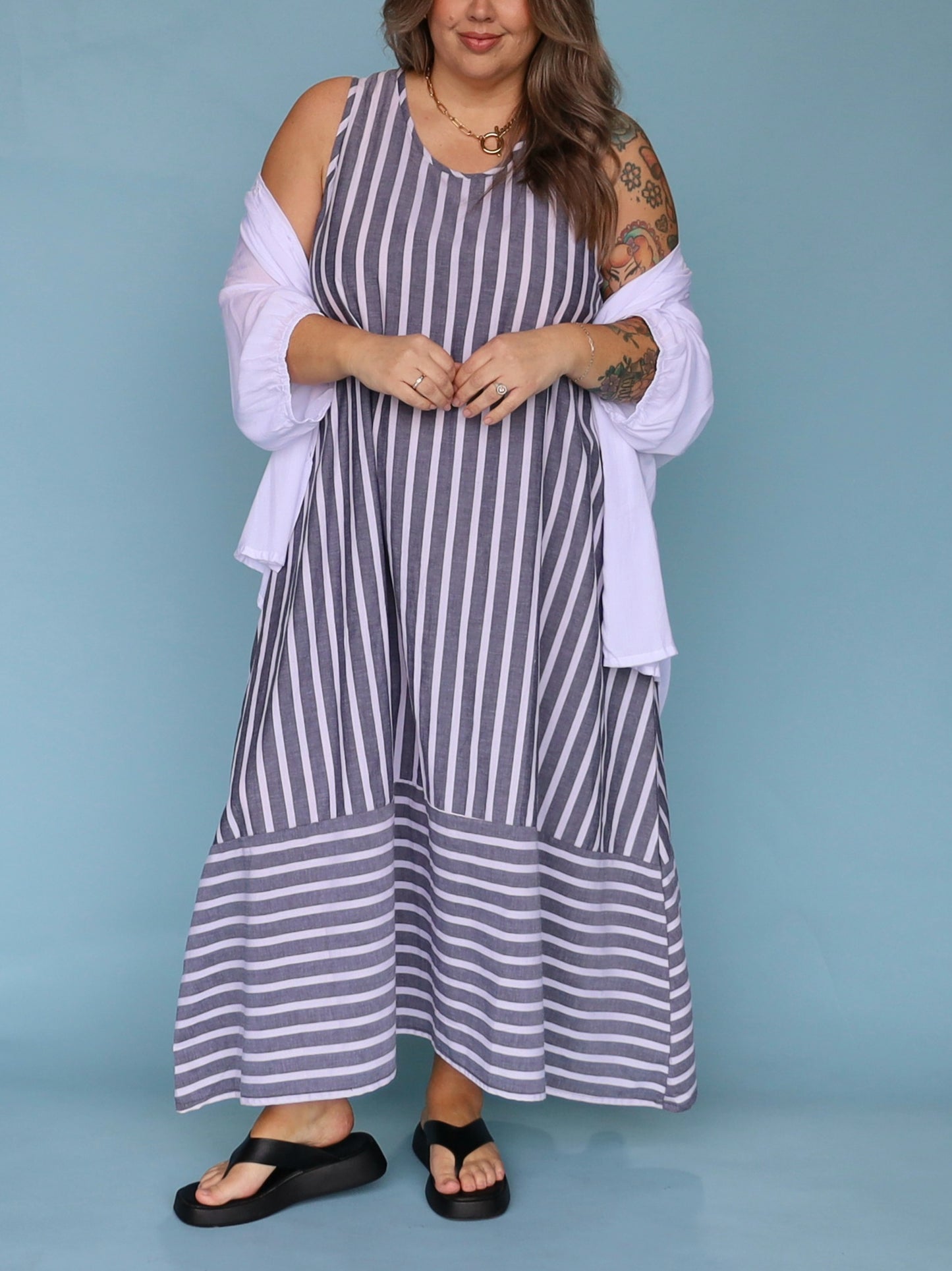 Calista Dress -Charcoal & White Stripe