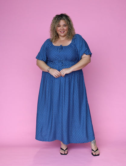 Tabitha Dress - Denim Polka Dot