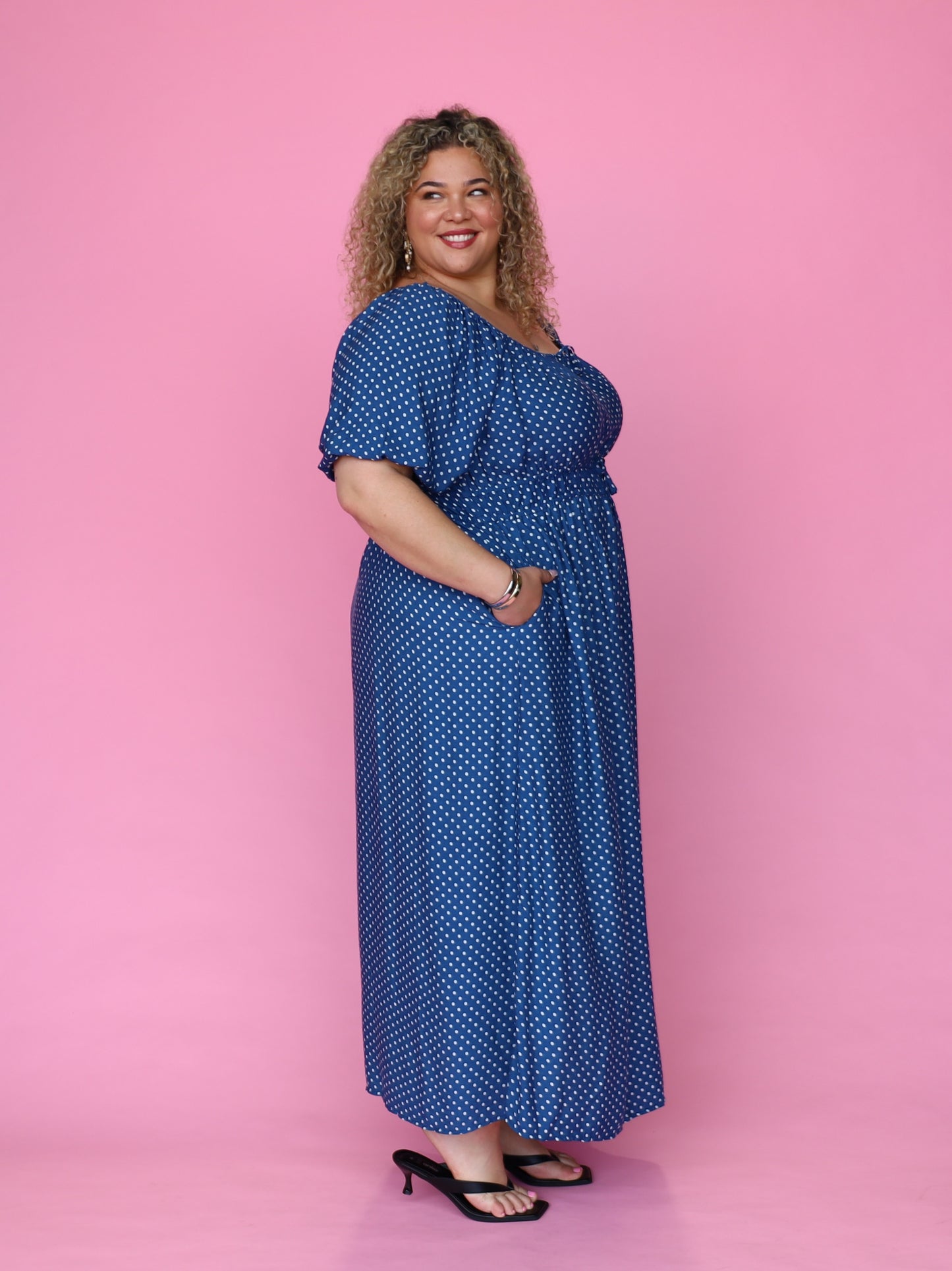 Tabitha Dress - Denim Polka Dot
