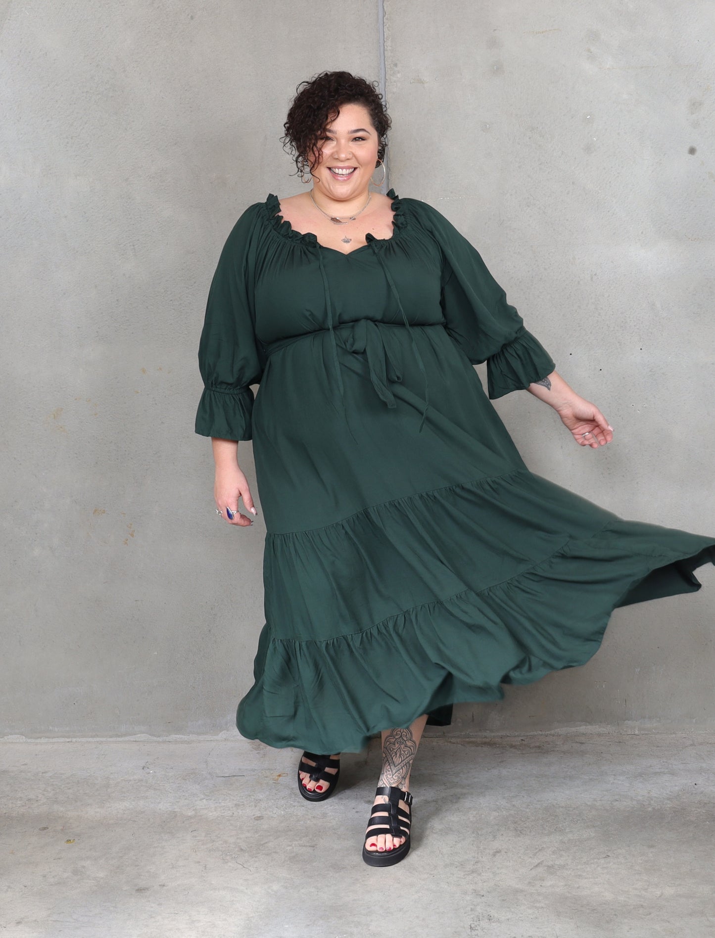 Sophia - Bottle Green - Isla-Maree - Plus Size - Full Length Dress - Boho - Ruffle