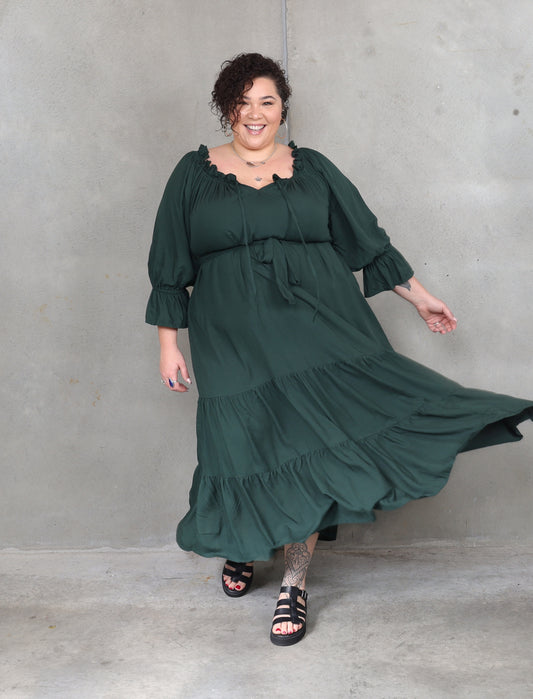 Sophia - Bottle Green - Isla-Maree - Plus Size - Full Length Dress - Boho - Ruffle