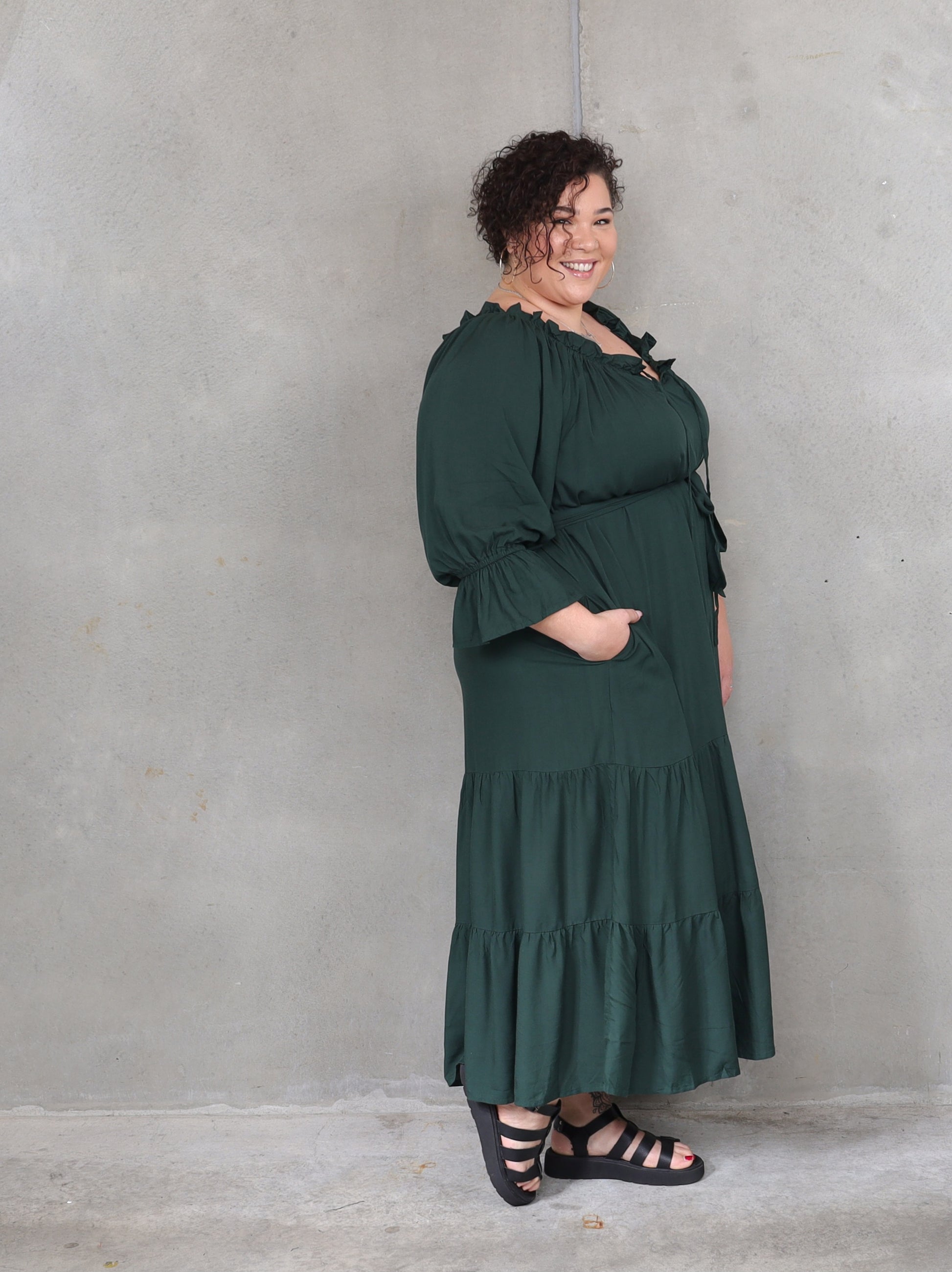 Sophia - Bottle Green - Isla-Maree - Plus Size - Full Length Dress - Boho - Ruffle