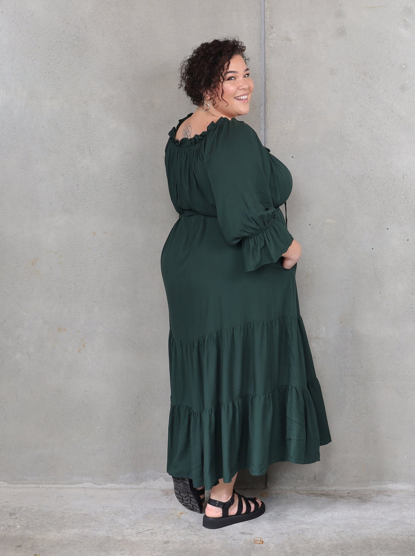 Sophia - Bottle Green - Isla-Maree - Plus Size - Full Length Dress - Boho - Ruffle