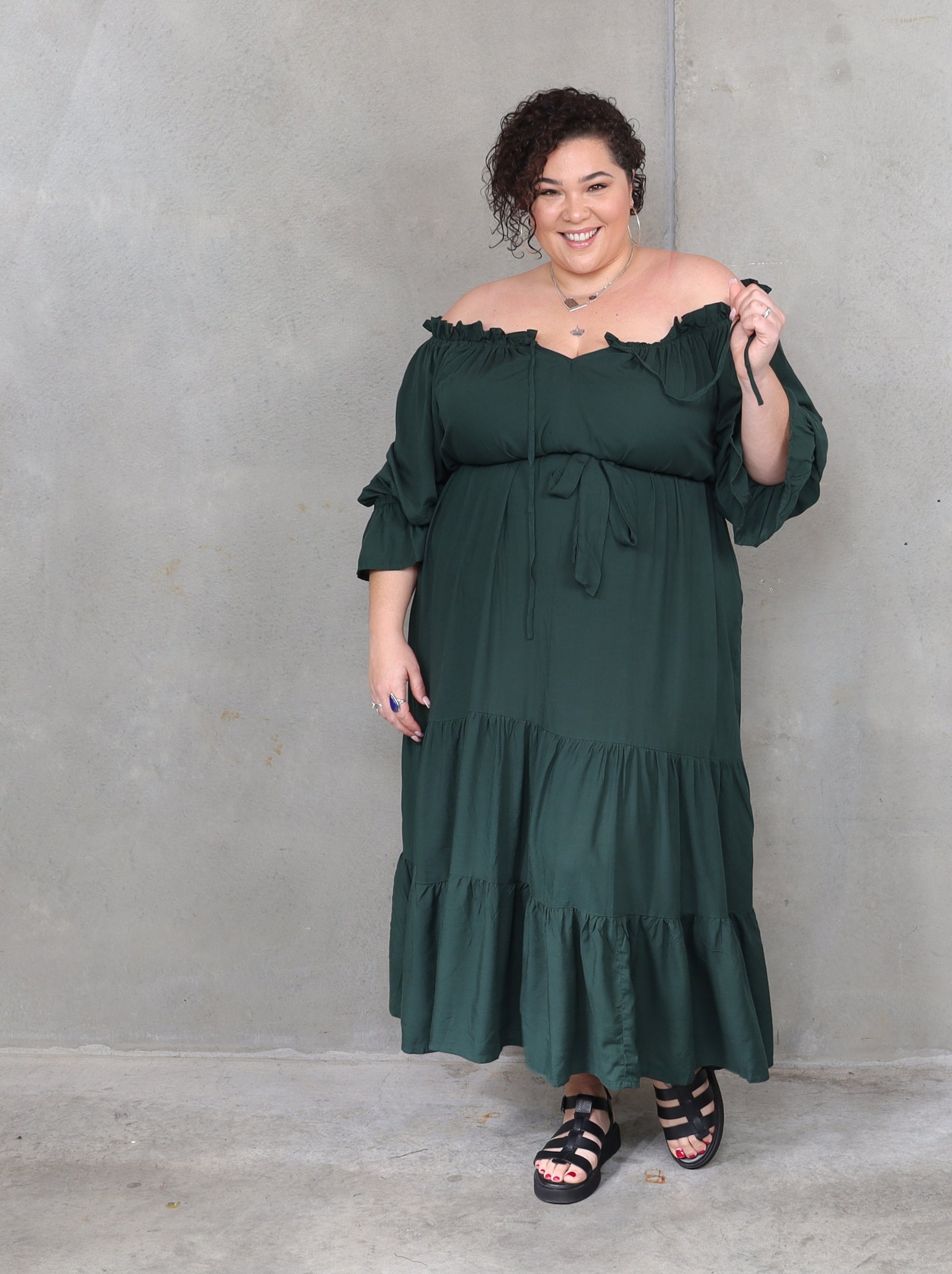 Sophia - Bottle Green - Isla-Maree - Plus Size - Full Length Dress - Boho - Ruffle