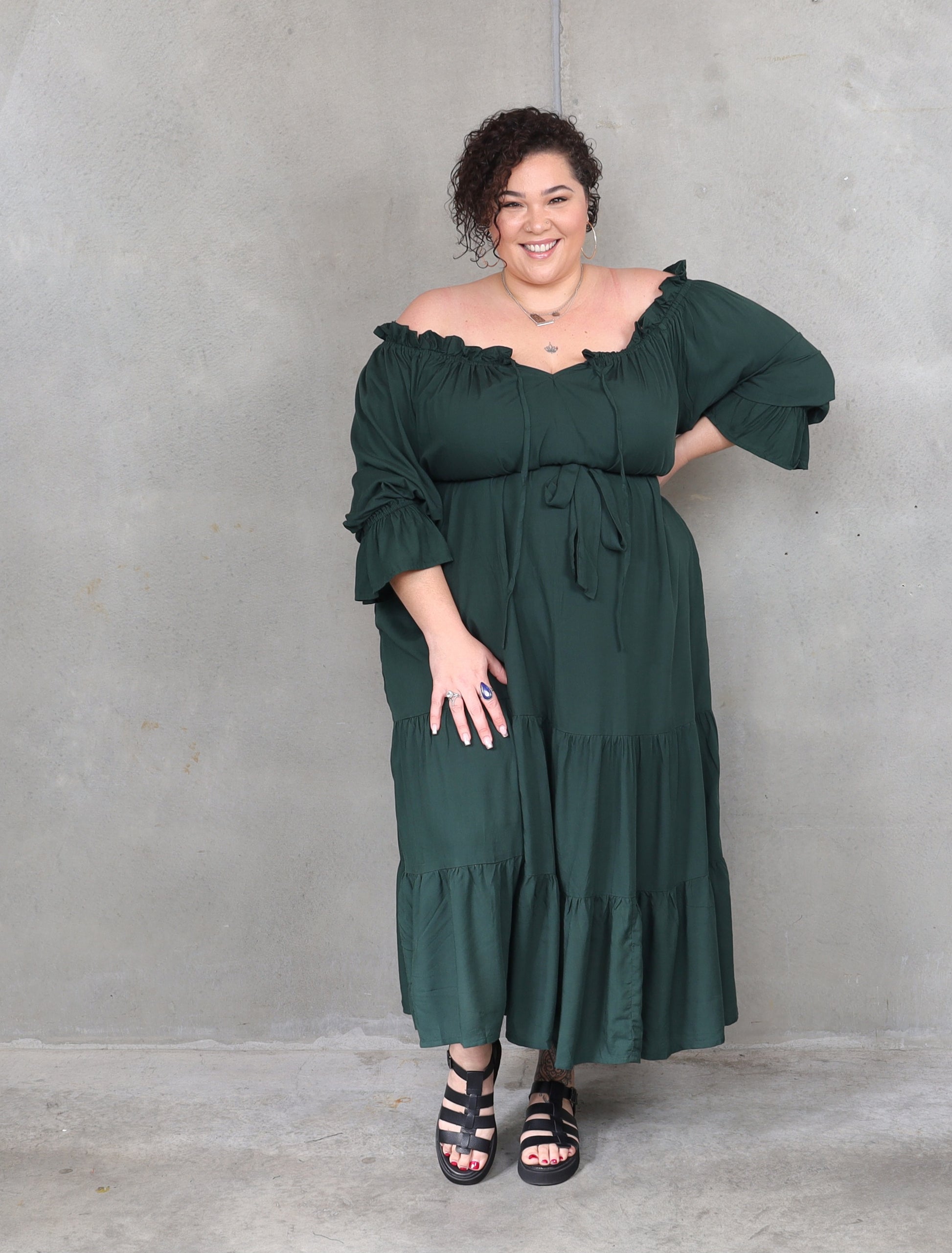 Sophia - Bottle Green - Isla-Maree - Plus Size - Full Length Dress - Boho - Ruffle