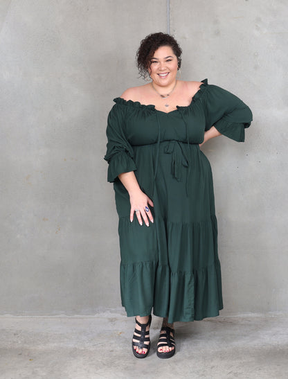 Sophia - Bottle Green - Isla-Maree - Plus Size - Full Length Dress - Boho - Ruffle