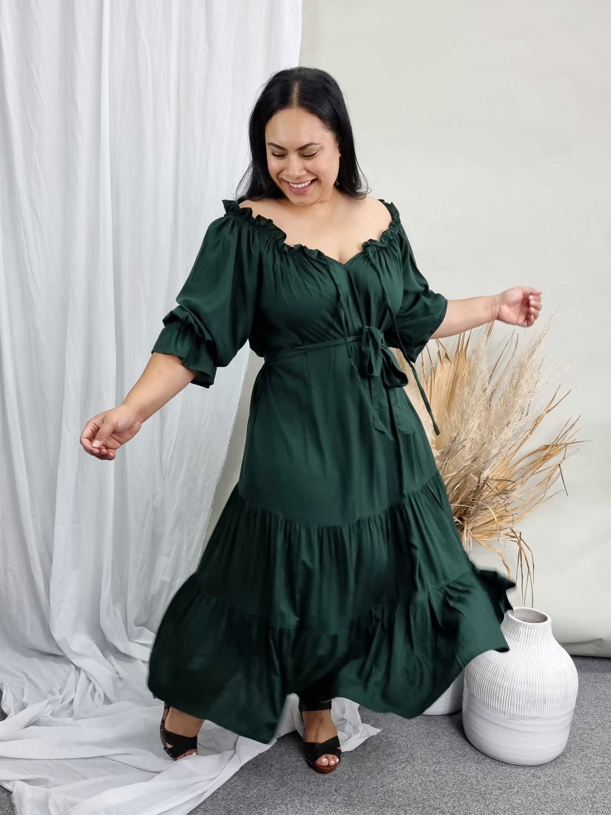 Sophia - Bottle Green - Isla-Maree - Plus Size - Full Length Dress - Boho - Ruffle