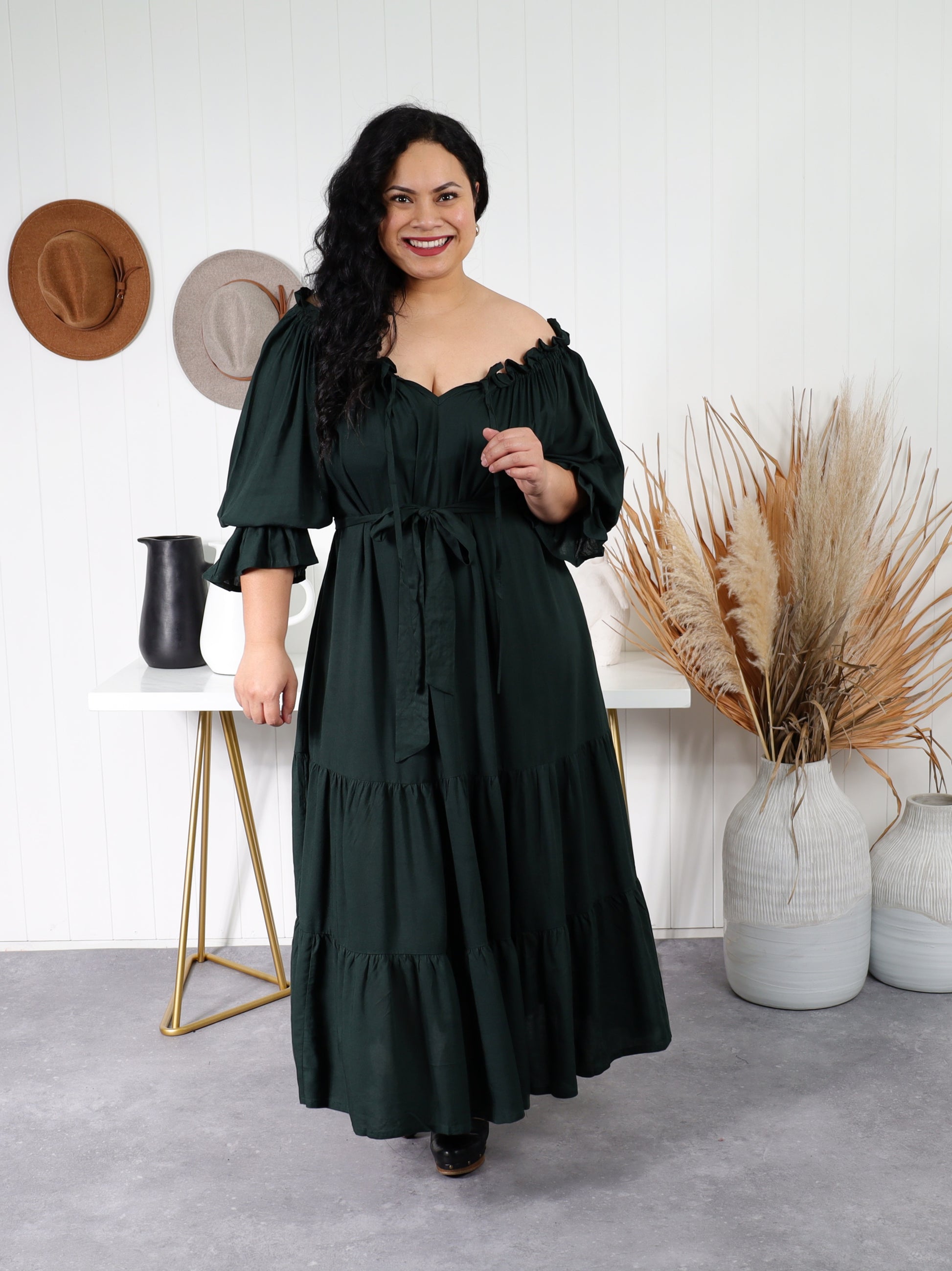 Sophia - Bottle Green - Isla-Maree - Plus Size - Full Length Dress - Boho - Ruffle