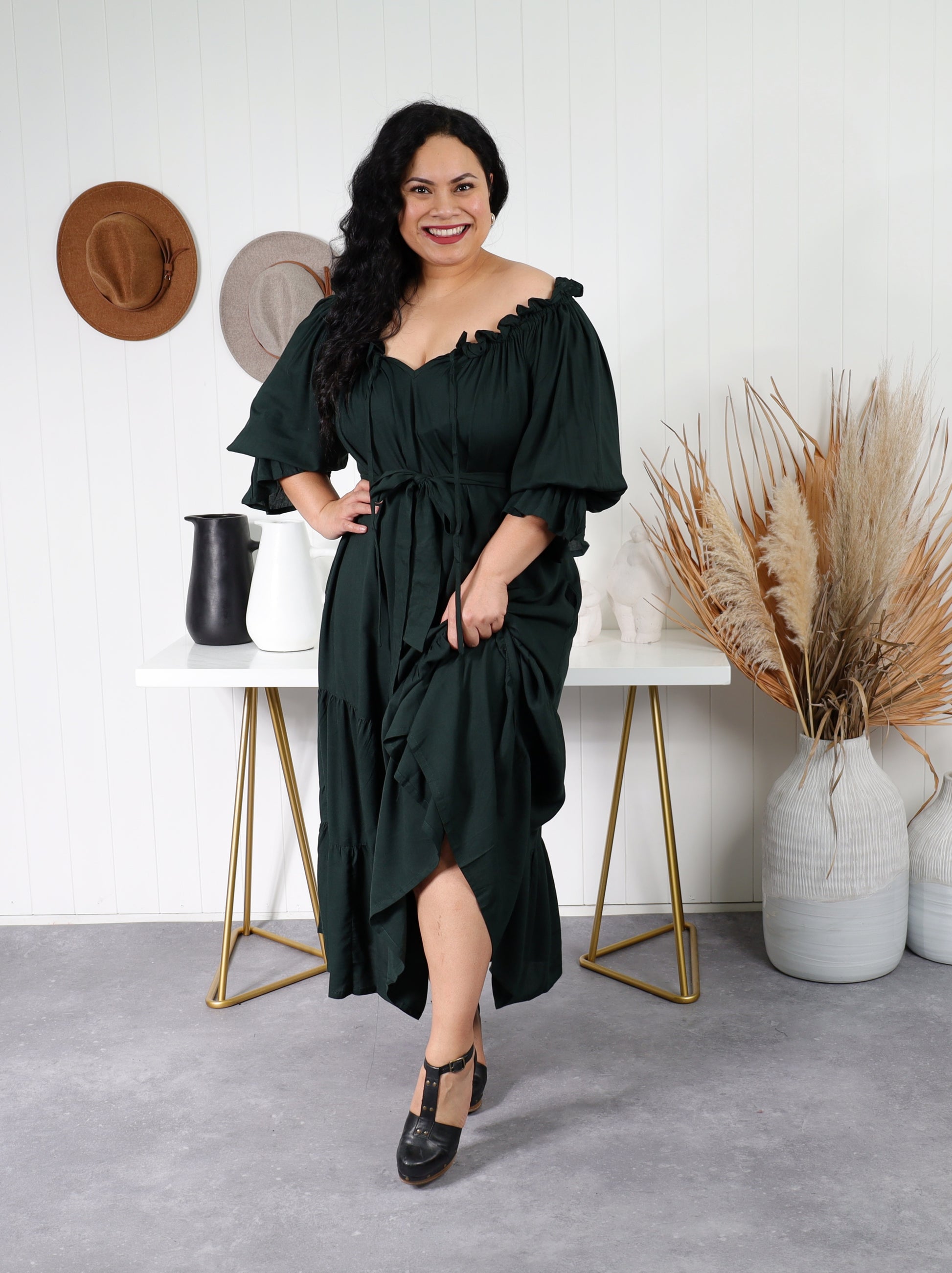 Sophia - Bottle Green - Isla-Maree - Plus Size - Full Length Dress - Boho - Ruffle