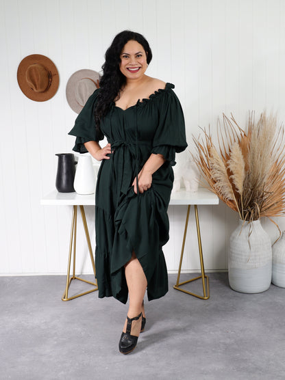 Sophia - Bottle Green - Isla-Maree - Plus Size - Full Length Dress - Boho - Ruffle