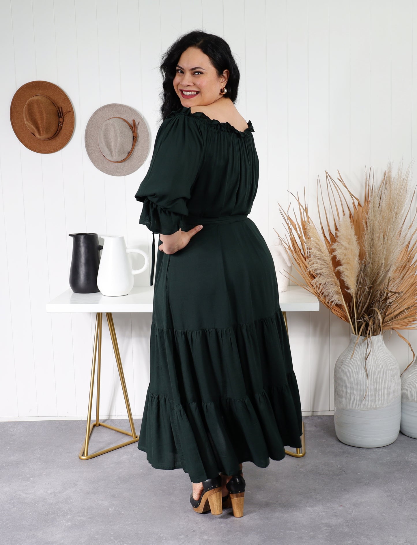 Sophia - Bottle Green - Isla-Maree - Plus Size - Full Length Dress - Boho - Ruffle