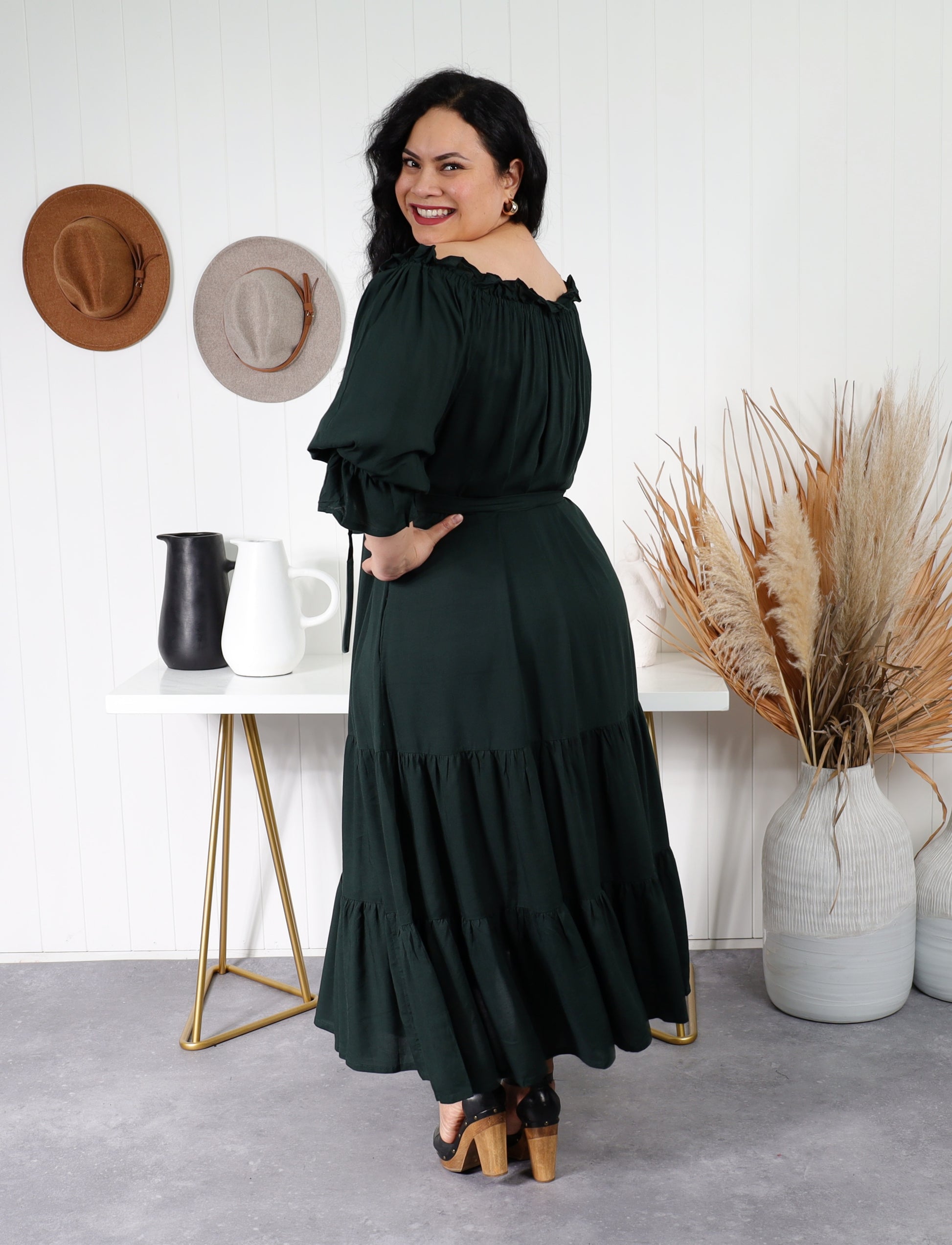 Sophia - Bottle Green - Isla-Maree - Plus Size - Full Length Dress - Boho - Ruffle