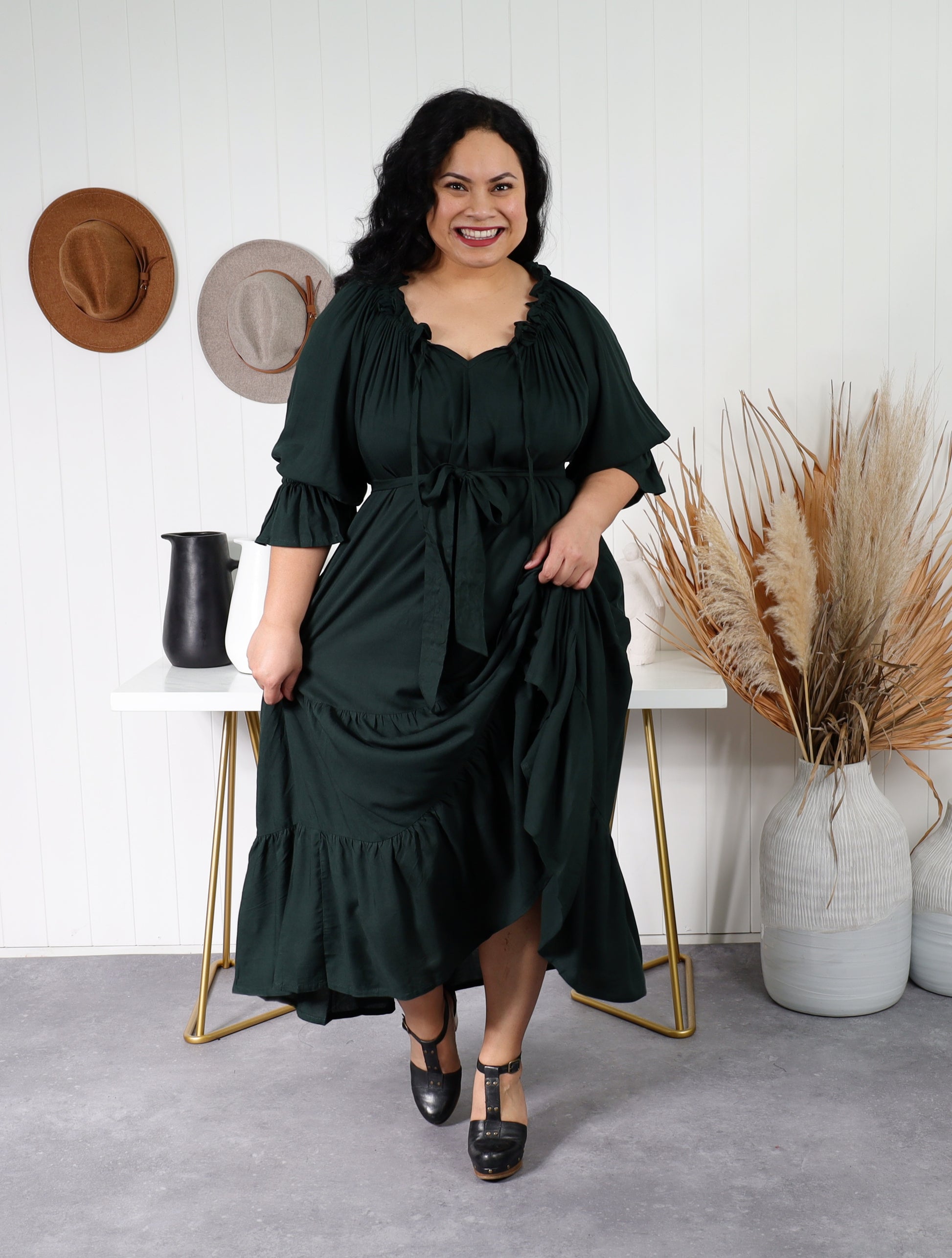 Sophia - Bottle Green - Isla-Maree - Plus Size - Full Length Dress - Boho - Ruffle 