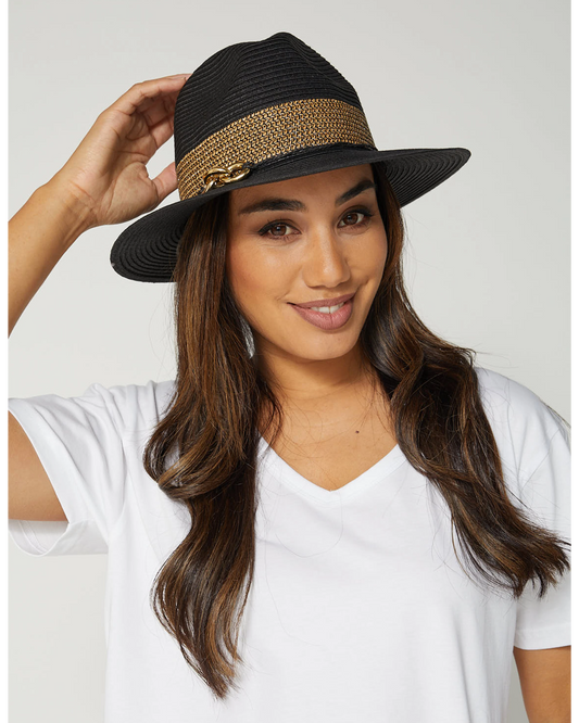 Stella + Gemma Fedora - Black Straw w/Gold Trim